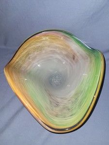 Murano Hand Blown Art Glass Swirled Orange Green Pink Blue Bowl 9" by 9"